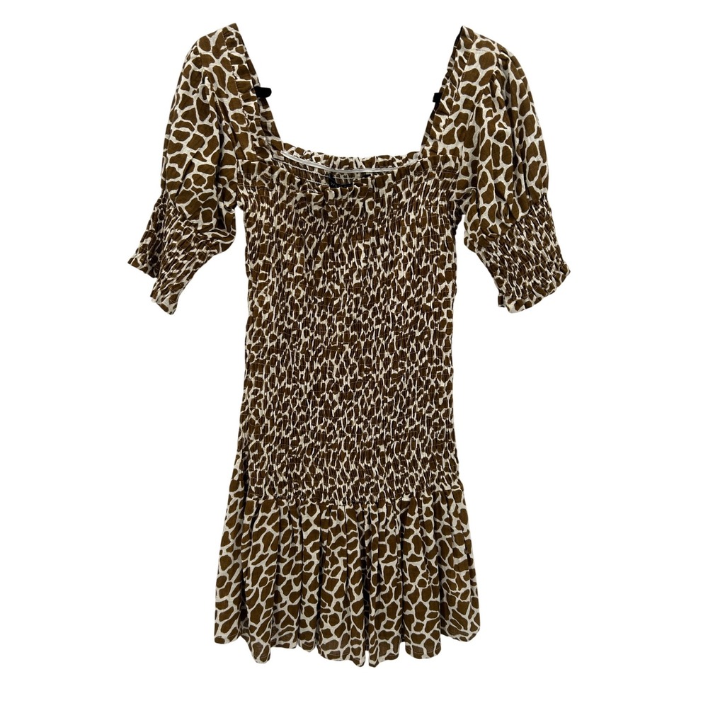 WILD PONY Womens Smocked Shirred Square Neck Giraffe Print Mini Dress Cotton Med
